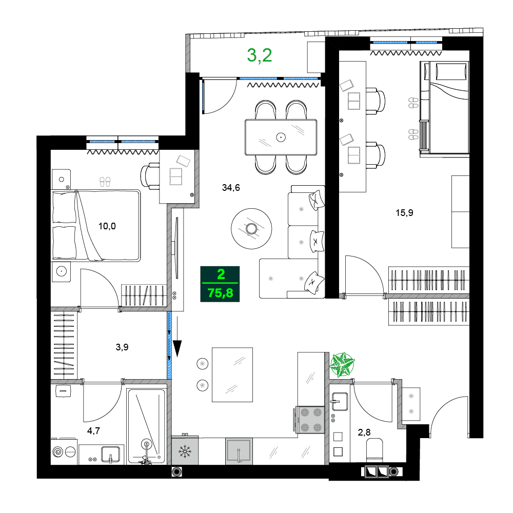 3-bedroom apartment, 75.8 m², 2 floor in "SUMMER 365"
