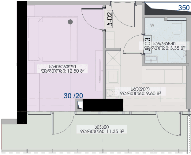1-bedroom apartment, 36.8 m², 13 floor, Geuz Towers in Batumi