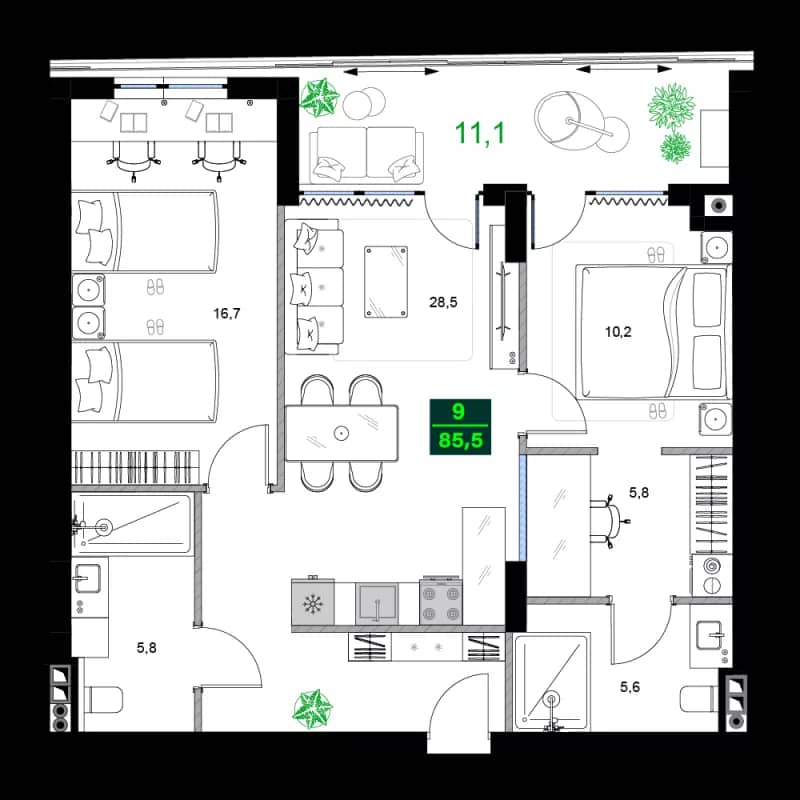 3-комнатная квартира, 85.5 м², 6 этаж в ЖК "SUMMER 365"