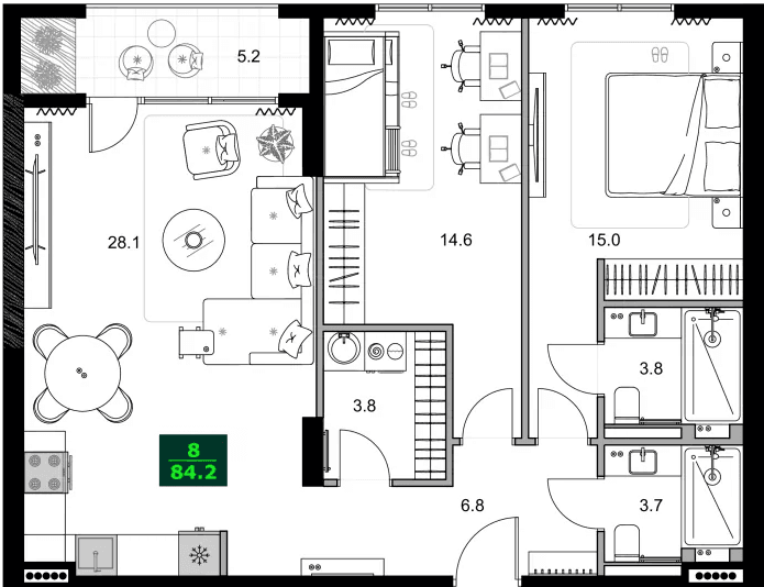 3-комнатная квартира, 84.2 м², 11 этаж в ЖК "SUMMER 365"