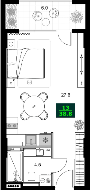 1-комнатная квартира, 38.8 м², 12 этаж в ЖК "SUMMER 365"