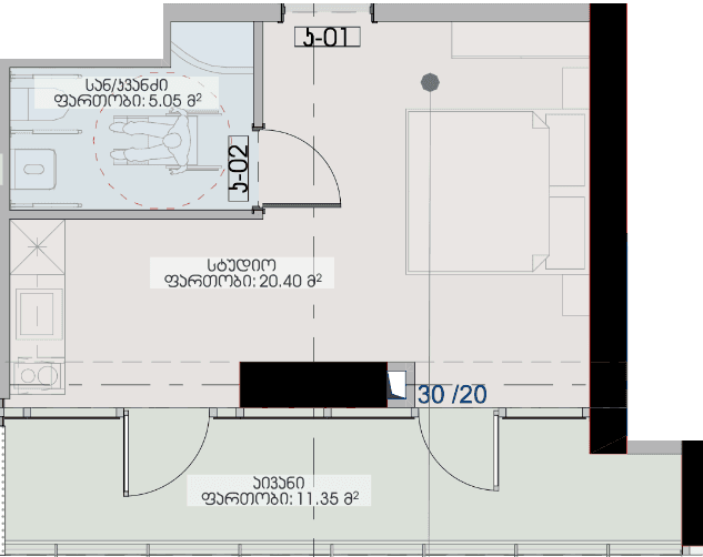 studio, 36.8 m², 28 floor, Geuz Towers in Batumi
