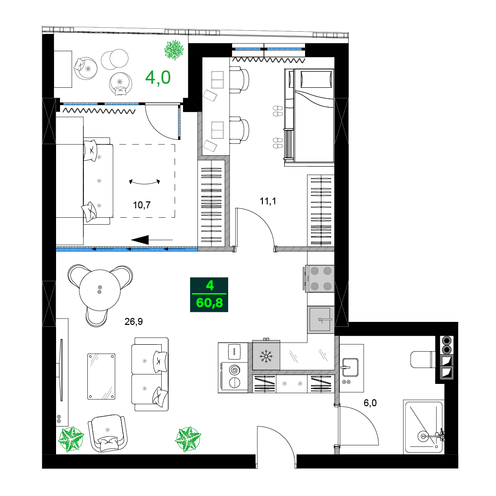 3-комнатная квартира, 60.8 м², 3 этаж в ЖК "SUMMER 365"