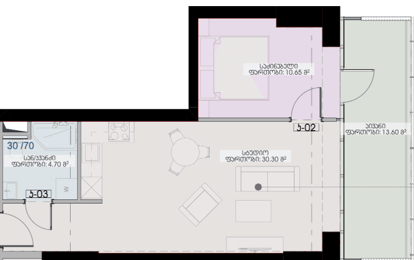 1-bedroom apartment, 59.25 m², 38 floor, Geuz Towers in Batumi
