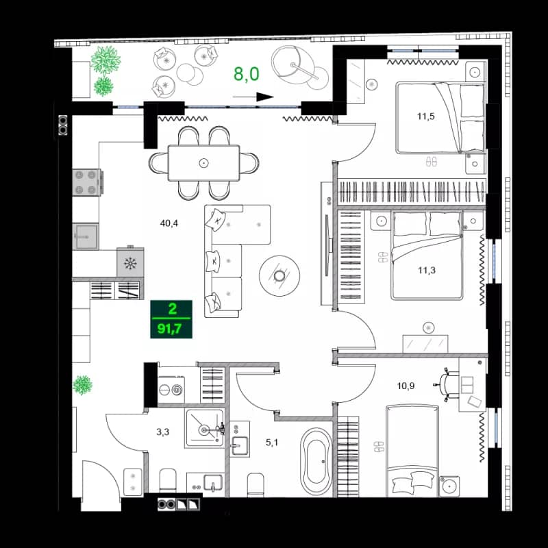 4-комнатная квартира, 91.7 м², 6 этаж в ЖК "SUMMER 365"