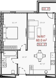 1-bedroom apartment, 60 m², 7 floor in "Serenade"