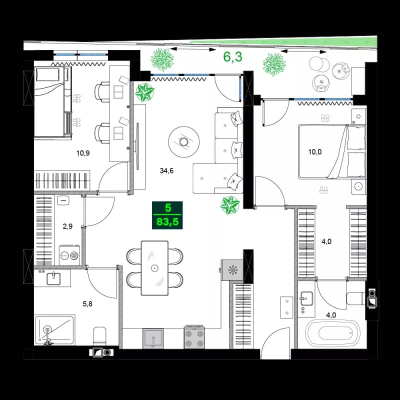 3-bedroom apartment, 83.5 m², 3 floor, SUMMER 365 in Batumi