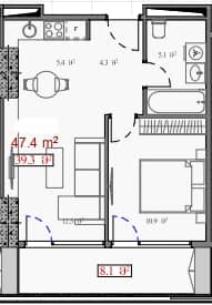 1-ოთახიანი ბინა, 47.4 მ², სართული 11 -ში "Petra Villas"