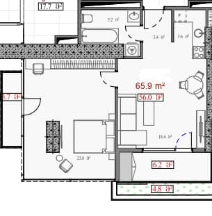 1-ოთახიანი ბინა, 65.9 მ², სართული 11 -ში "Petra Villas"