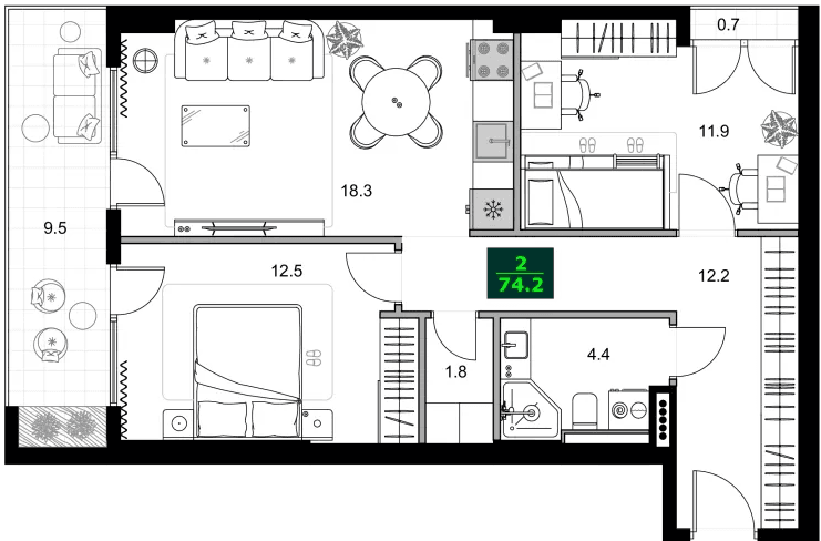 3-комнатная квартира, 74.2 м², 9 этаж в ЖК "SUMMER 365"