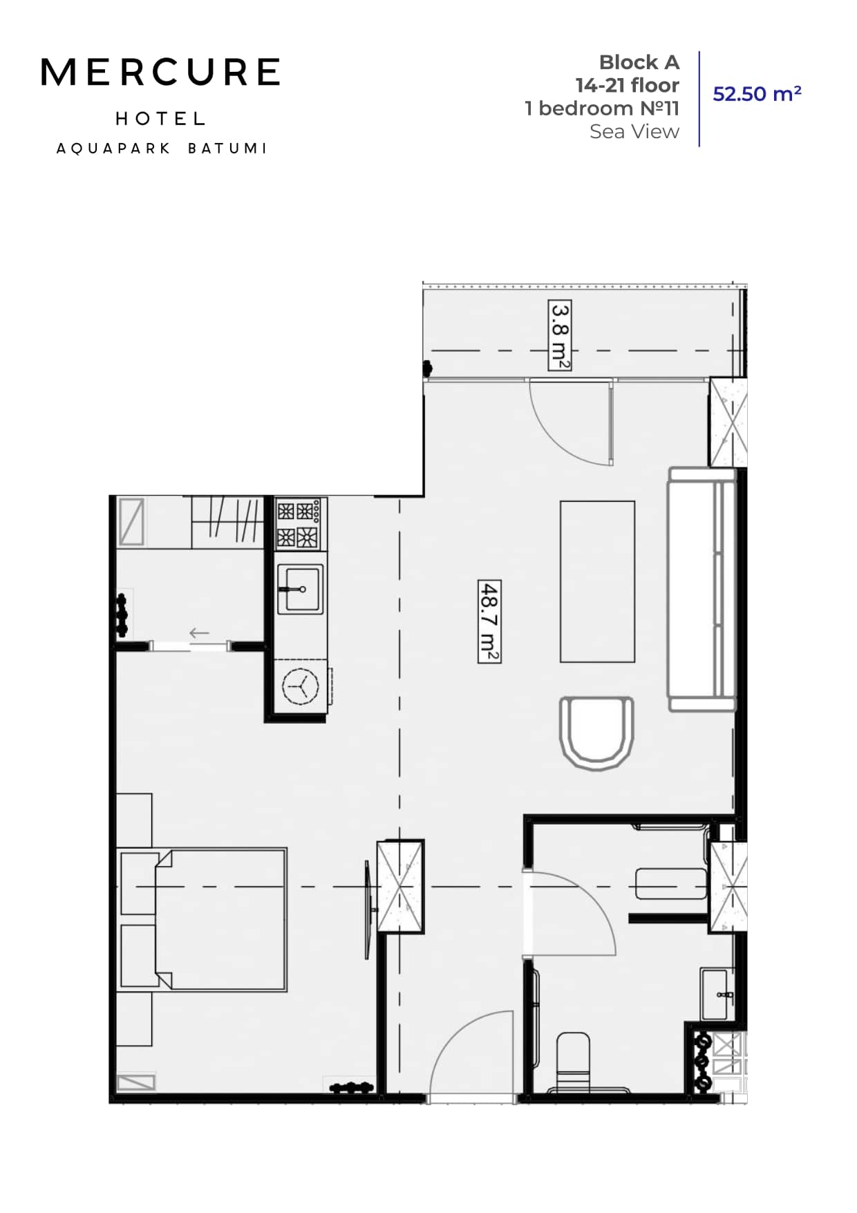 1-комнатная квартира, 52.5 м², 20 этаж в ЖК "Mardi Aquapark Wellness Resort"