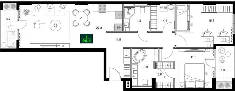 3-комнатная квартира, 96.4 м², 11 этаж в ЖК "SUMMER 365"
