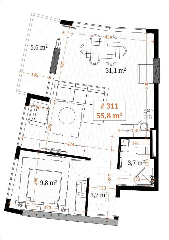 1-bedroom apartment, 55.8 m², 18 floor, White Sails in Batumi