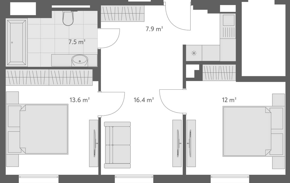 3-bedroom apartment, 57.4 m², 1 floor, Wyndham Grand Family Club in Batumi