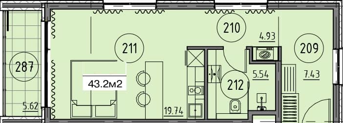studio, 43.2 m², 5 floor in "Гранд Ботанико Резиденс"