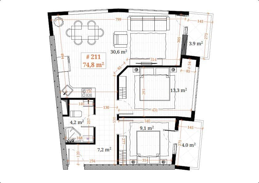 3-bedroom apartment, 74.8 m², 14 floor, White Sails in Batumi