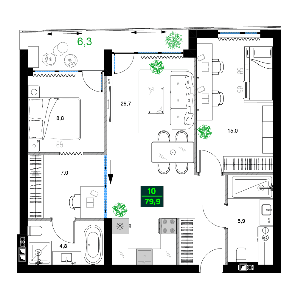 3-комнатная квартира, 79.9 м², 2 этаж в ЖК "SUMMER 365"