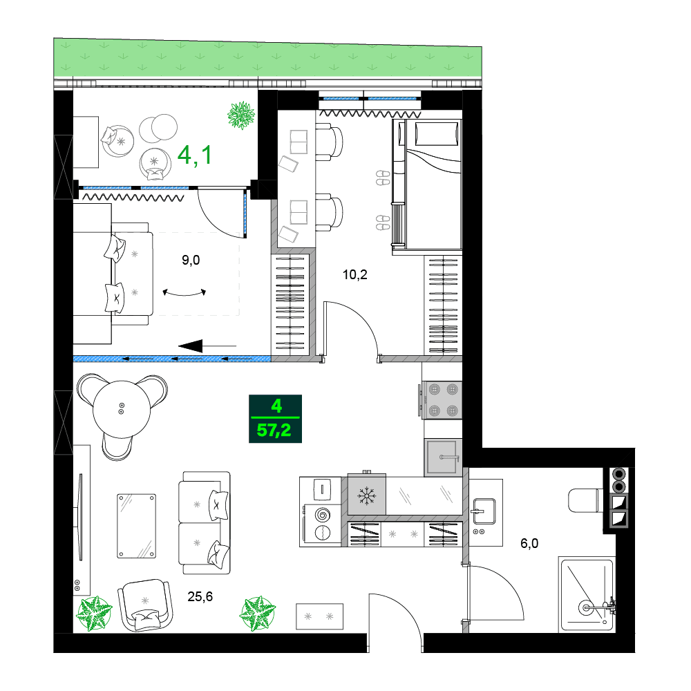 3-bedroom apartment, 57.2 m², 10 floor in "SUMMER 365"