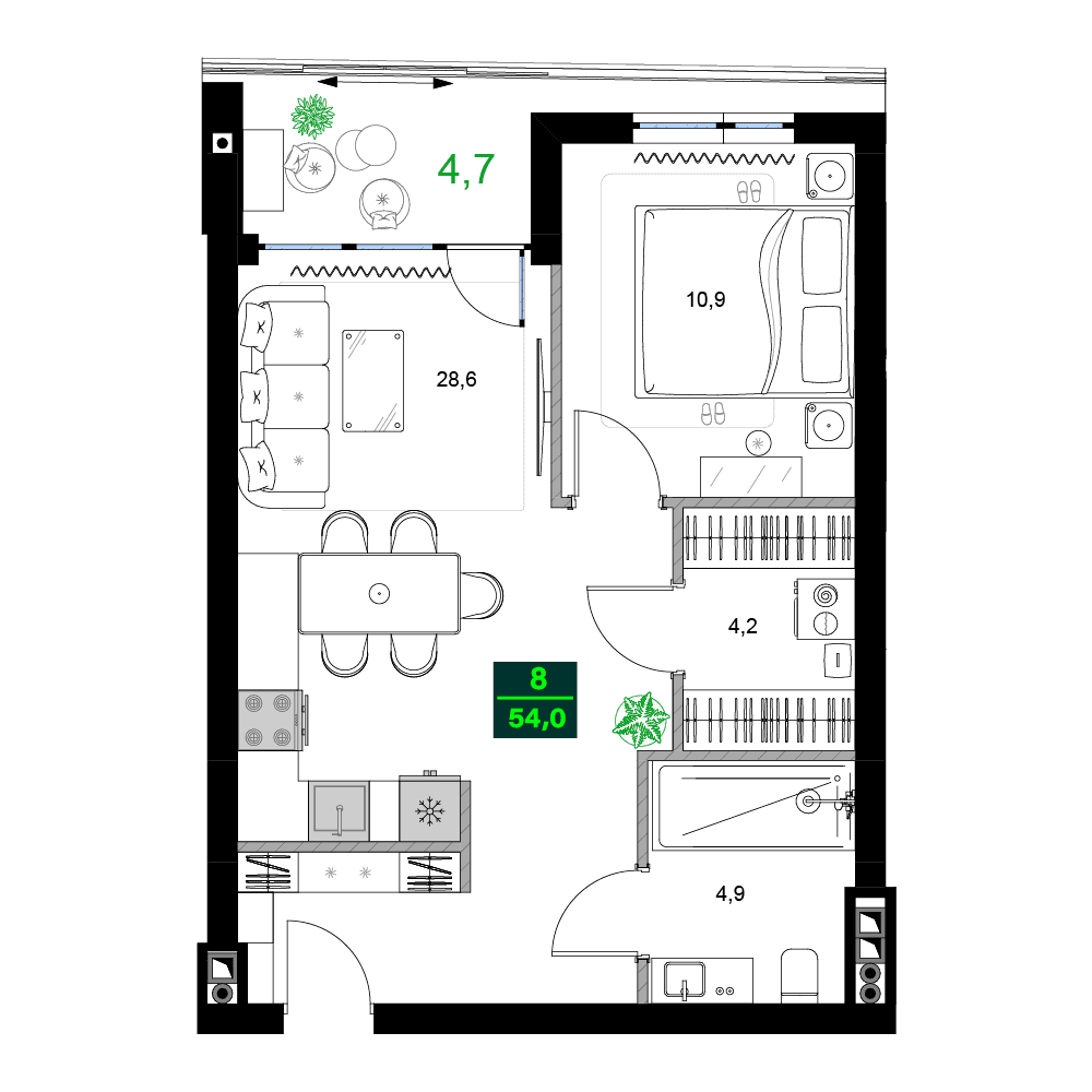 2-ოთახიანი ბინა, 54 მ², 5 სართული "SUMMER 365"-ში