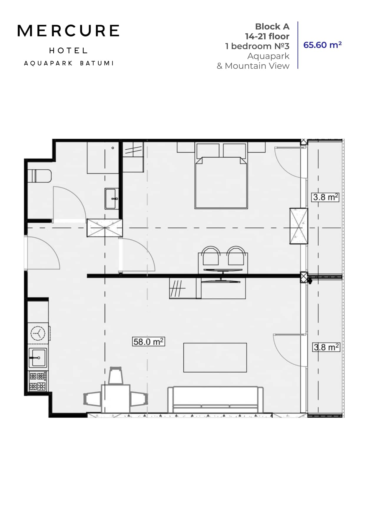 1-комнатная квартира, 65.6 м², 20 этаж в ЖК "Mardi Aquapark Wellness Resort"