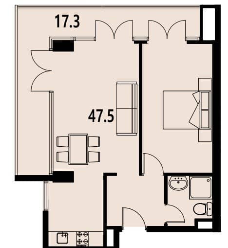 两居室公寓，64.8 m²，6 层，位于“Kobuleti Residence”
