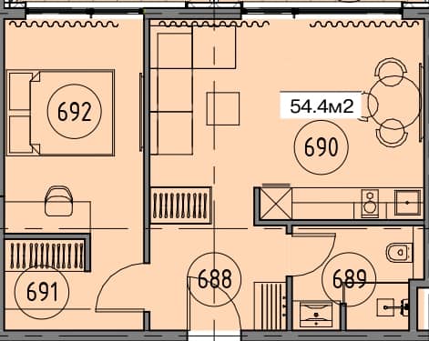 1-bedroom apartment, 54.4 m², 6 floor in "Гранд Ботанико Резиденс"