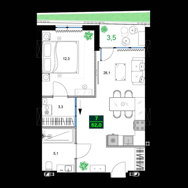 2-комнатная квартира, 52 м², 3 этаж в ЖК "SUMMER 365"