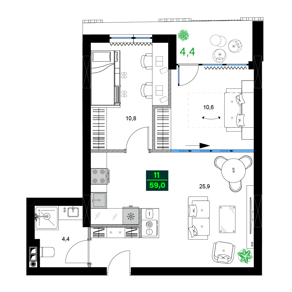 3-комнатная квартира, 59 м², 2 этаж в ЖК "SUMMER 365"
