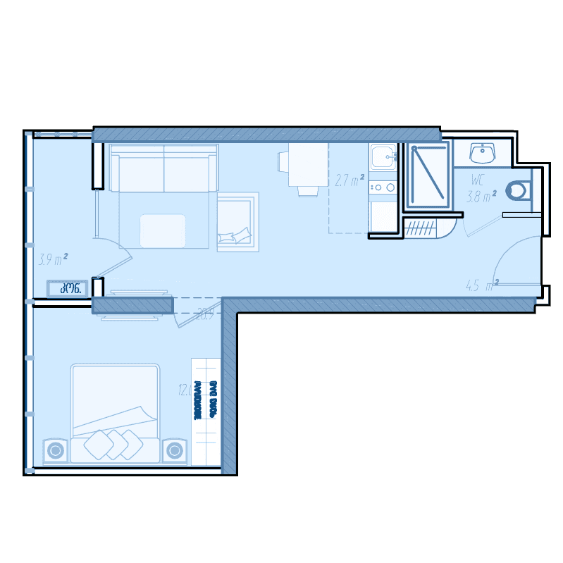 1-bedroom apartment, 44.2 m², 35 floor in "BlueSky Tower"