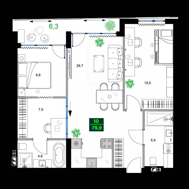 3-комнатная квартира, 79.9 м², 2 этаж в ЖК "SUMMER 365"