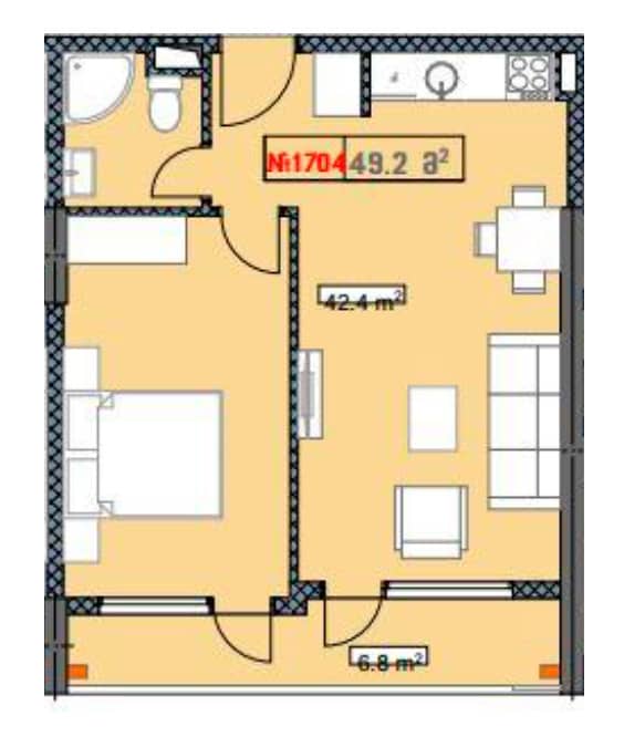 两居室公寓，49.2 m²，16 层，位于“New Boulevard Residence”