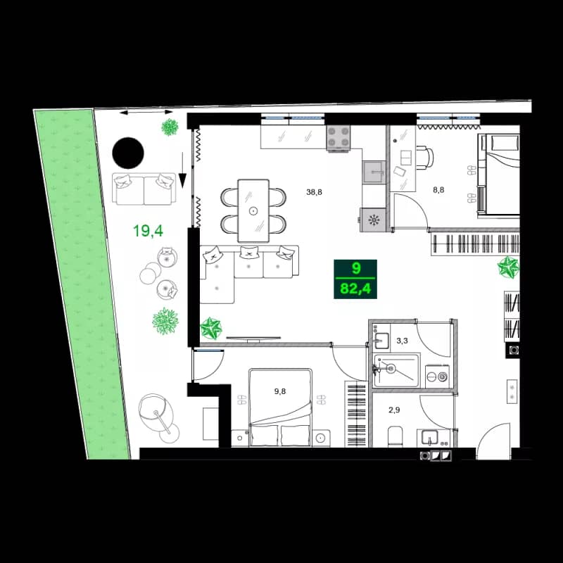 3-комнатная квартира, 82.4 м², 2 этаж в ЖК "SUMMER 365"