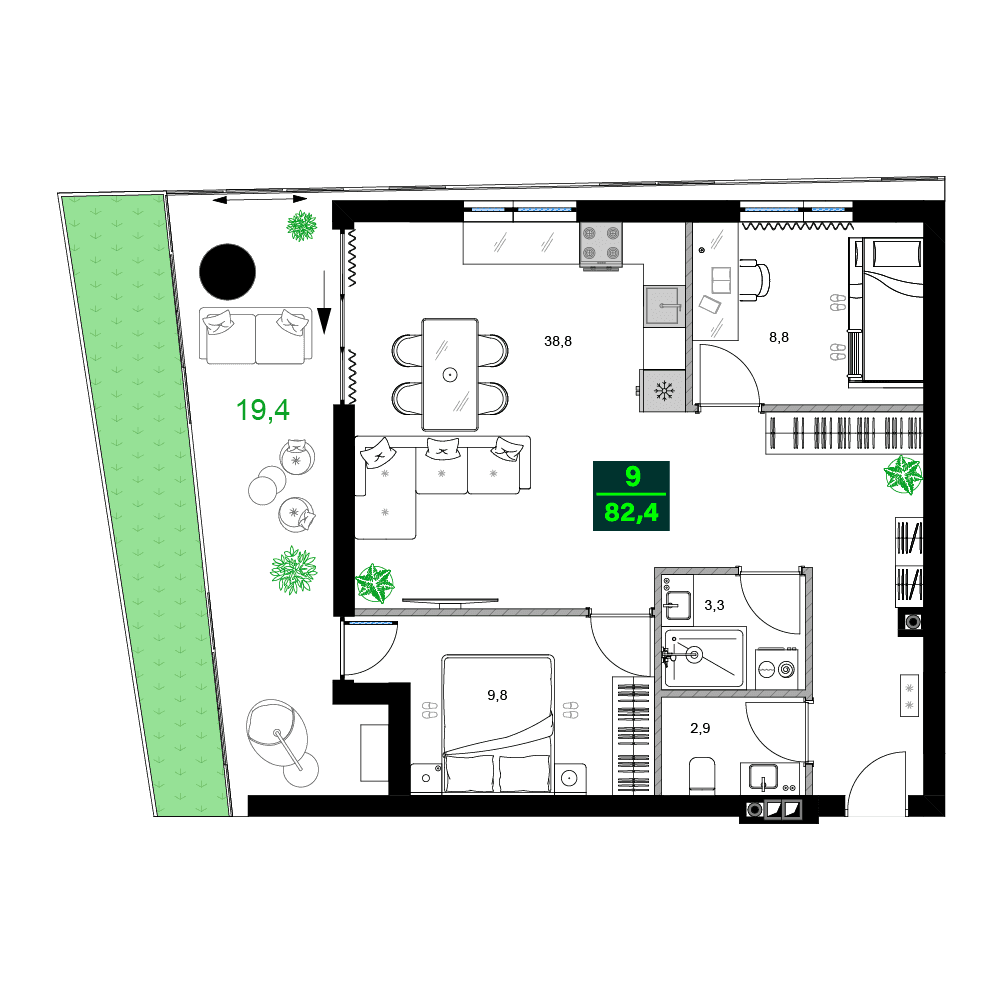 3-комнатная квартира, 82.4 м², 2 этаж в ЖК "SUMMER 365"