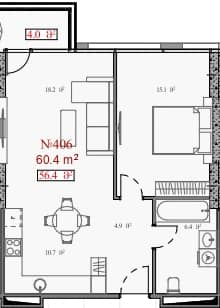 1-комнатная квартира, 60.4 м², 8 этаж в ЖК "Serenade"