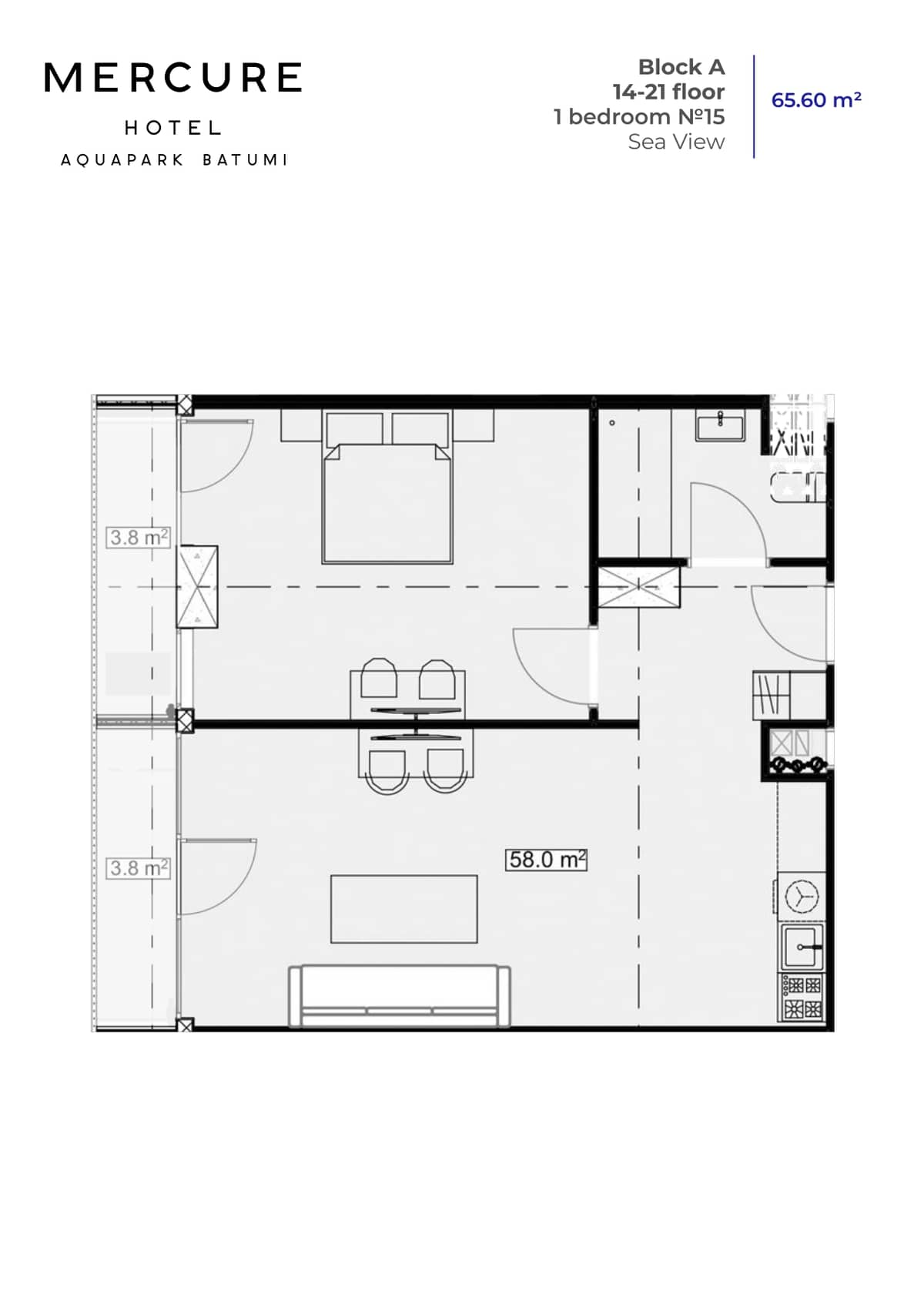 1-bedroom apartment, 65.6 m², 18 floor, Mardi Aquapark Wellness Resort in Batumi