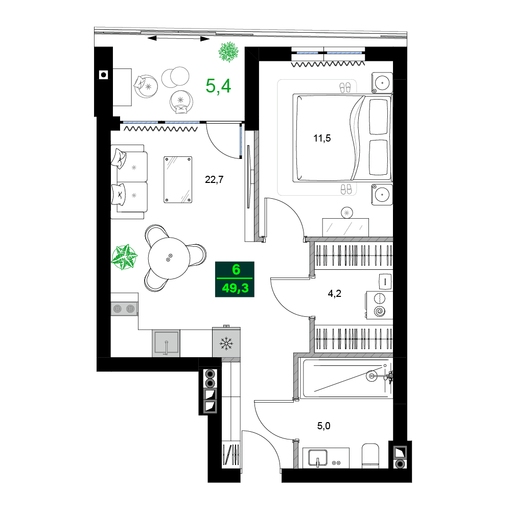 2-комнатная квартира, 49.3 м², 5 этаж в ЖК "SUMMER 365"