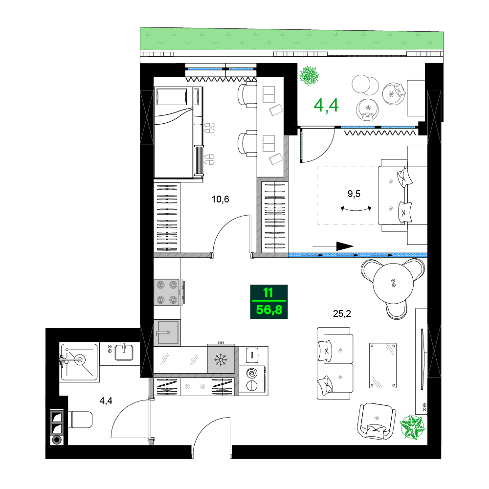 3-комнатная квартира, 56.8 м², 4 этаж в ЖК "SUMMER 365"