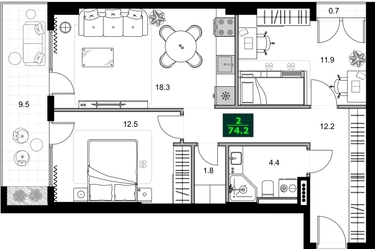 3-bedroom apartment, 74.2 m², 13 floor in "SUMMER 365"