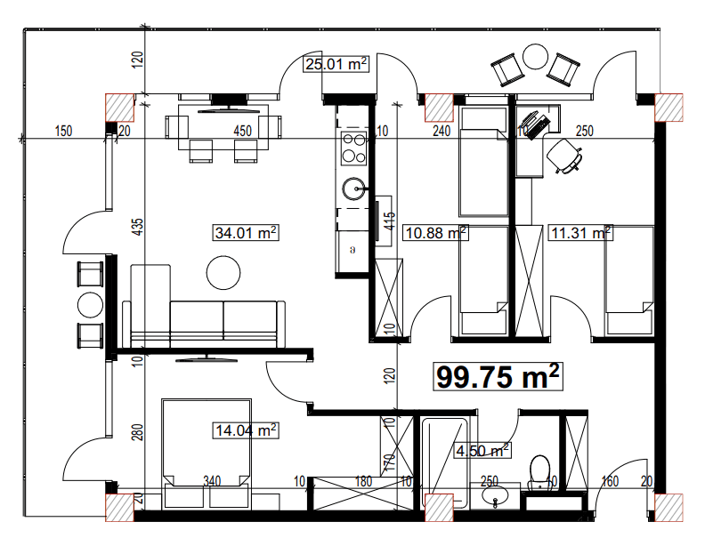 三居室公寓，99.75 m²，6 层，位于“Compact House”