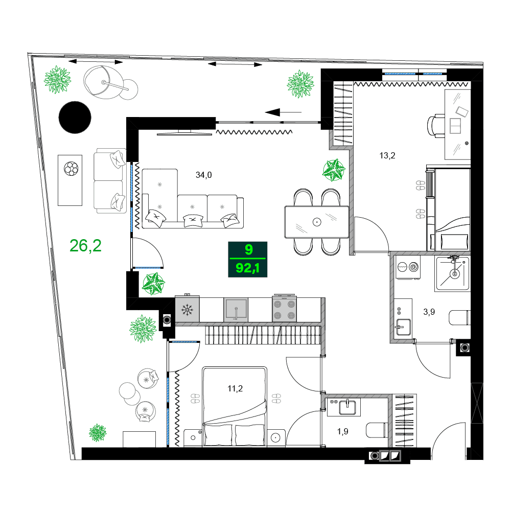 3-комнатная квартира, 92.1 м², 6 этаж в ЖК "SUMMER 365"