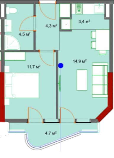 两居室公寓，45.4 m²，18 层，位于“Kolos”