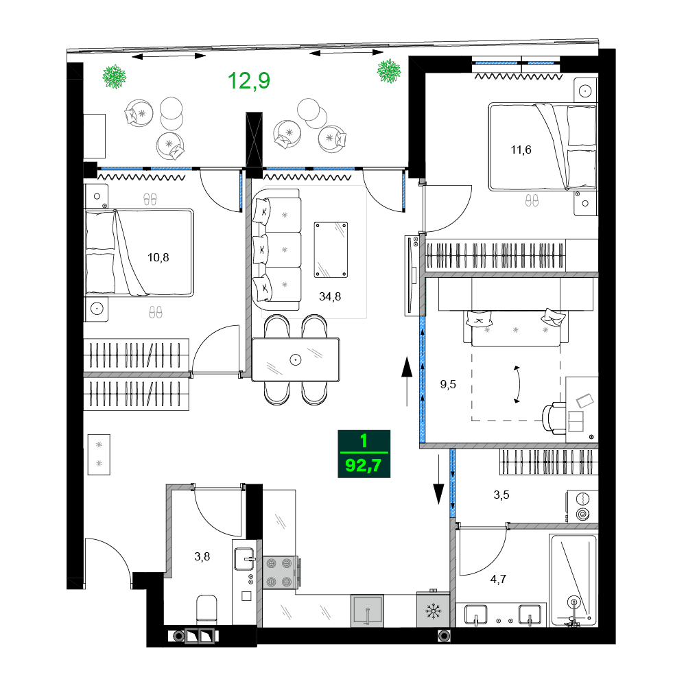 4-комнатная квартира, 92.7 м², 2 этаж в ЖК "SUMMER 365"