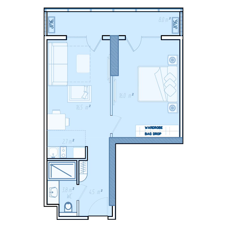 一居室公寓，52.8 m²，16 层，位于“BlueSky Tower”
