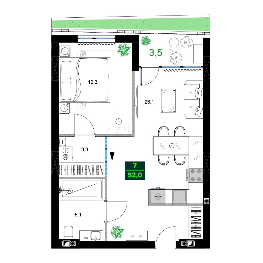 2-комнатная квартира, 52 м², 3 этаж в ЖК "SUMMER 365"