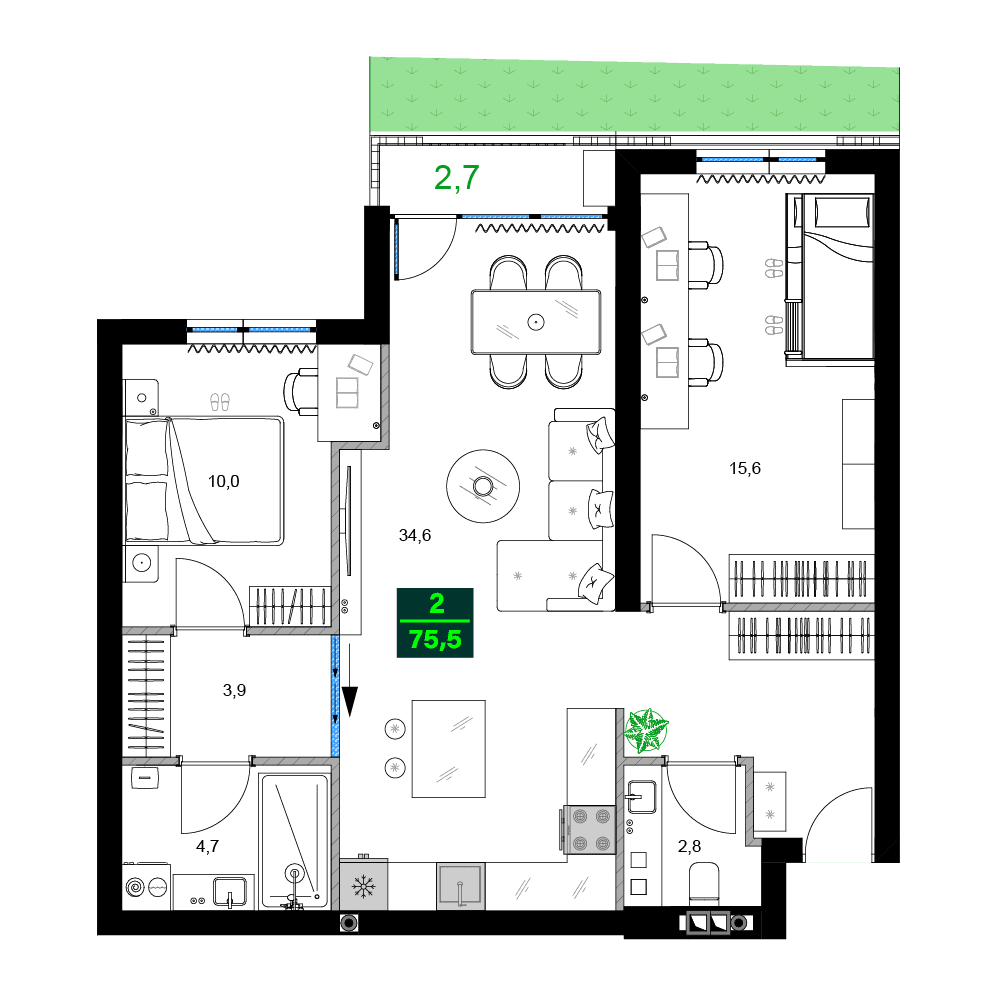 3-bedroom apartment, 75.5 m², 10 floor in "SUMMER 365"