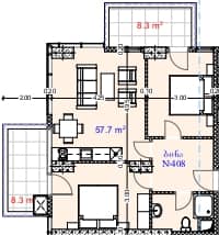 2-bedroom apartment, 74.3 m², 4 floor in "Aquapark Residence"