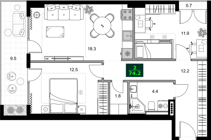 3-bedroom apartment, 74.2 m², 7 floor in "SUMMER 365"