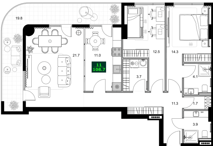 3-bedroom apartment, 108.7 m², 11 floor in "SUMMER 365"