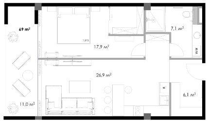 1-bedroom apartment, 69 m², 4 floor in "Salibauri Hills"