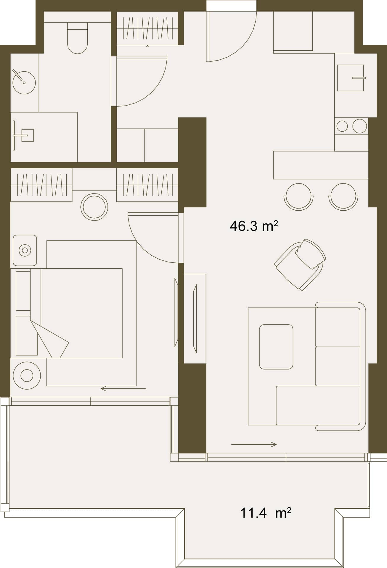 1-ოთახიანი ბინა, 57.9 მ², სართული 10 -ში "NEXT GARDENS"